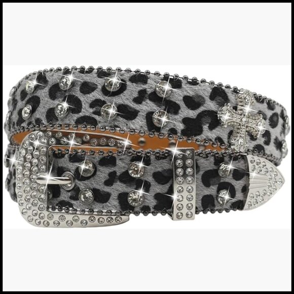 Rhinestone Cross Leopard Belt with Studded Design